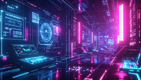 Futuristic cyberspace with glowing HUD elements. 3D Renderingの素材