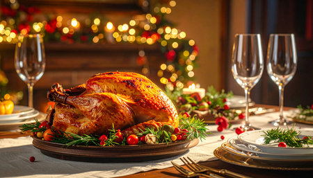 Christmas roast turkey on wooden plate. Festive table setting with Christmas tree.の素材