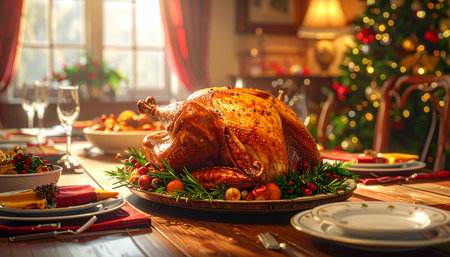 Traditional Christmas roast turkey on festive table. Festive dinner in decorated room.の素材