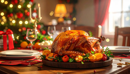 Baked turkey on Christmas table with christmas tree and decorations.の素材