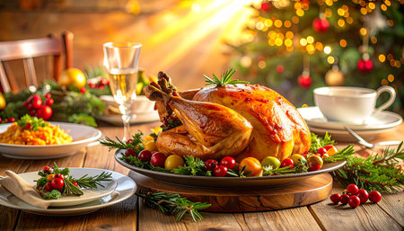 Roasted turkey for Christmas dinner on rustic wooden table with festive decorationの素材