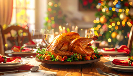 Roasted turkey on the festive table with Christmas tree in the backgroundの素材