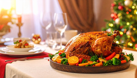 Baked turkey or chicken with vegetables on the festive table. Christmas dinner.の素材