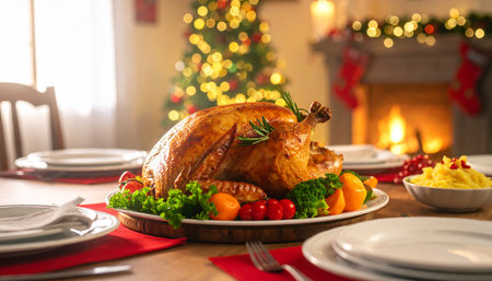 Traditional roasted turkey for Christmas dinner on festive table with Christmas tree in backgroundの素材