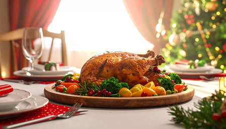Baked turkey on festive table in room decorated for Christmas, closeupの素材