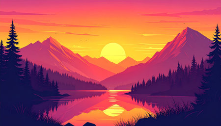 Mountains and lake at sunset. Vector illustration for your design.の素材