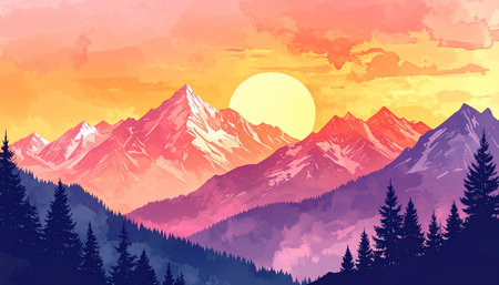 Mountains and forest at sunset. Mountain landscape. Vector illustration.の素材