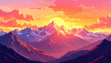 Mountain landscape at sunset. Vector illustration of a mountain range.の素材