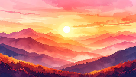 Mountain landscape at sunset. Vector illustration of a beautiful summer landscape.の素材