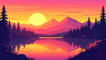 Mountains and lake in the forest at sunset. Vector illustration.の素材