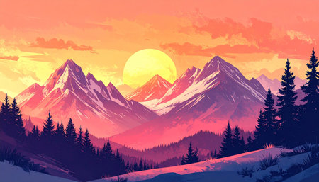 Winter landscape with snowy mountains and forest at sunset. Vector illustration.の素材