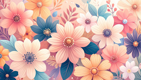 Seamless floral pattern with bright flowers and leaves. Vector illustration.の素材