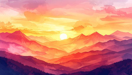 Mountain landscape. Sunrise over the mountain range. Vector illustration.の素材
