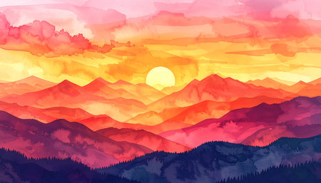 Mountain landscape with sunset. Digital art painting. Vector illustration.の素材