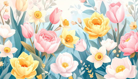Spring floral background with daffodils and tulips. Vector illustration.の素材