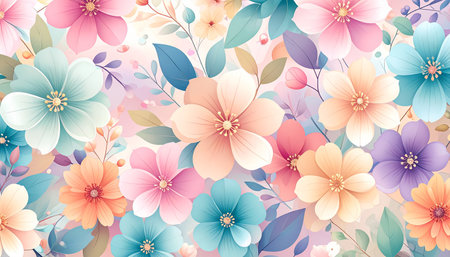 Seamless pattern with colorful flowers and leaves. Vector illustration.の素材