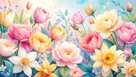 Spring flowers background with daffodils and tulips. Vector illustration.の素材