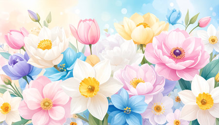 Spring flowers background with daffodils, crocus and tulipsの素材