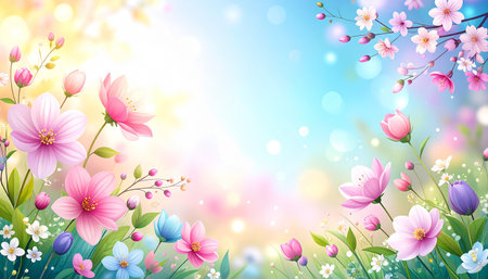 Spring background with blooming flowers and bokeh. Vector illustration.の素材