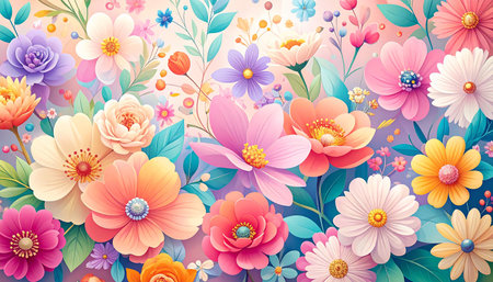 Seamless floral pattern with colorful flowers and leaves. Vector illustration.の素材