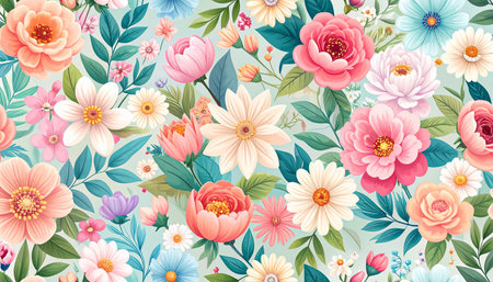 Seamless floral pattern with colorful flowers and leaves. Vector illustration.の素材