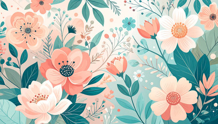 Floral seamless pattern with flowers and leaves in pastel colors.の素材