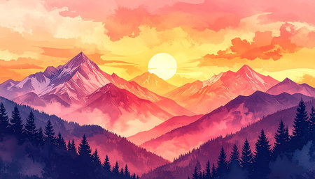 Beautiful landscape with mountains and forest at sunset. Vector illustration.の素材