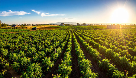 Pepper field at sunset with sun in the background, South Australiaの素材