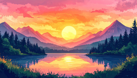 Mountain lake at sunset. Beautiful summer landscape. Vector illustration.の素材