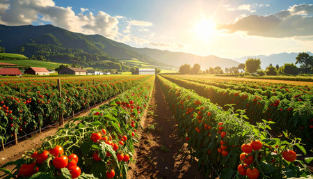 Rows of red tomatoes on the field. Beautiful summer landscape.の素材