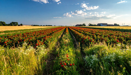 Field of red poppies on a sunny summer day, Polandの素材