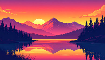 Mountain lake at sunset. Vector illustration in a flat style.の素材