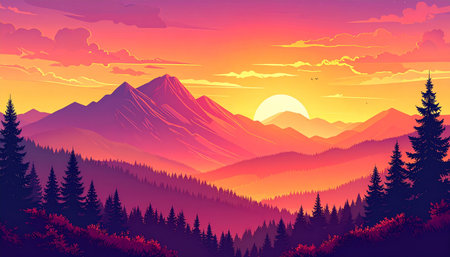 Mountain landscape at sunset. Landscape with forest and mountains. Vector illustration.の素材