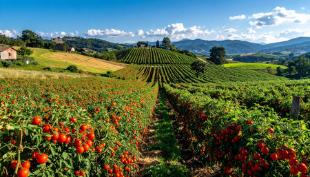 Landscape with red tomatoes growing on the vineyards in Tuscany, Italyの素材