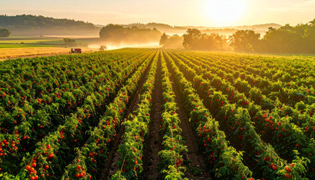 Rows of red tomatoes on a field at sunset in summer.の素材
