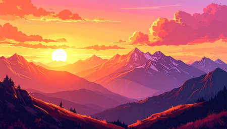 Beautiful sunset in the mountains. Landscape. Vector illustration.の素材