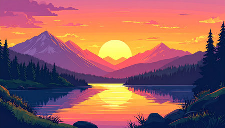 Sunset over mountain lake. Vector illustration in a flat style.の素材