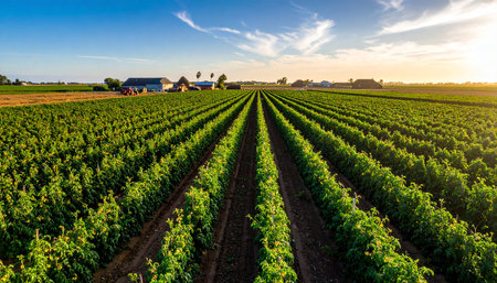 Rows of sunflower plants growing on a field at sunset.の素材