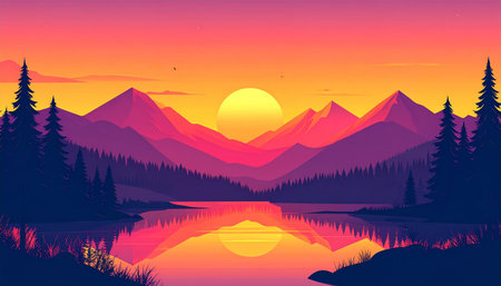 Mountain lake at sunset. Vector illustration for your graphic design.の素材