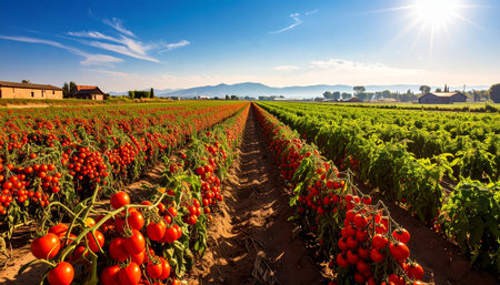 Rows of red ripe tomatoes on a vineyard in Italy.の素材