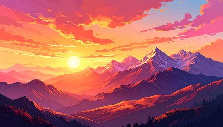 Mountain panorama at sunset. Sunrise in the mountains. Vector illustrationの素材