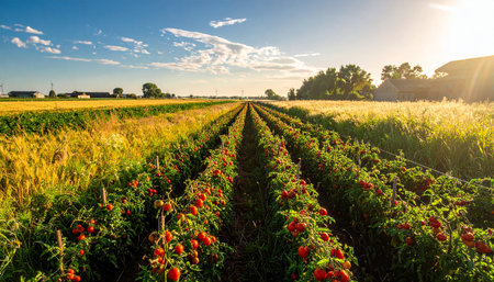 Rows of ripe red bell peppers on a wheat field at sunsetの素材