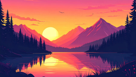 Mountain lake at sunset. Vector illustration, EPS 10. Summer landscapeの素材