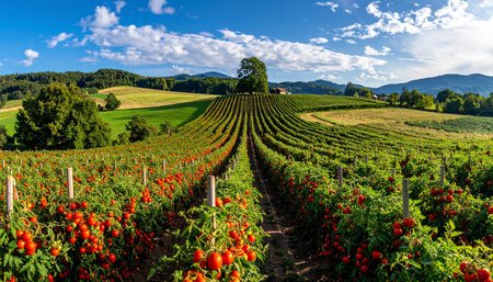 Rows of red tomatoes on a vineyard in Tuscany, Italyの素材