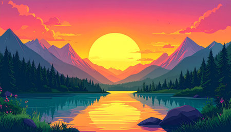Mountain landscape with lake, forest and sunset. Vector illustration.の素材
