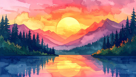 Landscape with mountains, lake and forest at sunset. Vector illustration.の素材