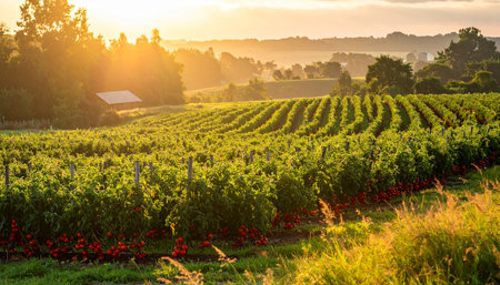Rows of red tomatoes growing on a vineyard at sunset.の素材