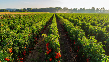 Rows of ripe red bell peppers in a field at sunset.の素材