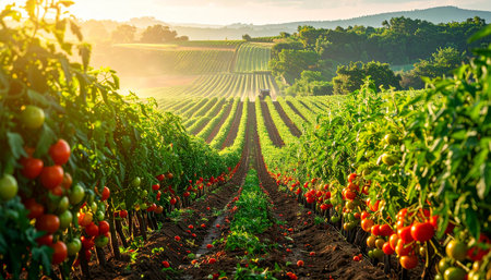 Rows of red tomatoes on a vineyard in Tuscany, Italyの素材