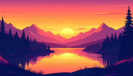 Mountain lake in the mountains at sunset. Vector illustration in cartoon styleの素材